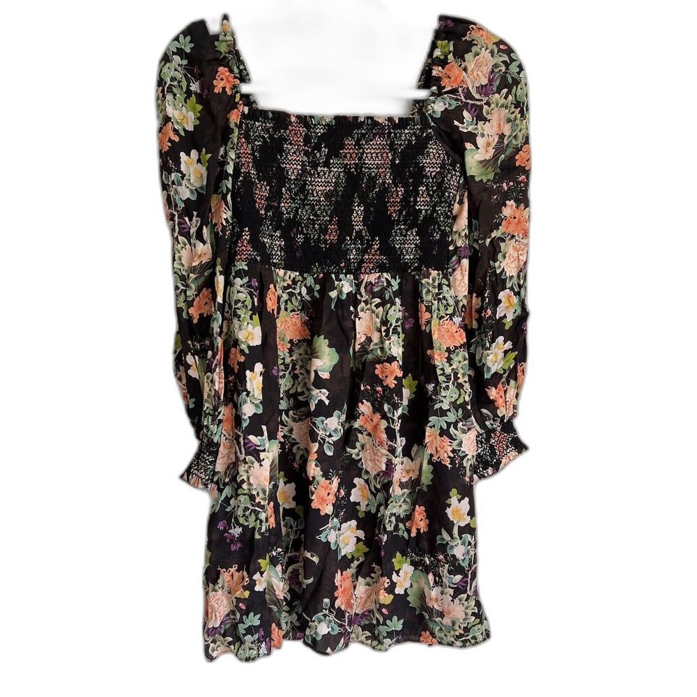 Alice + Olivia Dark Floral Smocked long sleeve mini dress 0 XS